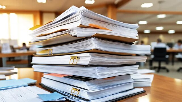A stack of papers, folders and binders on a wooden desk with a blurred background of an office.