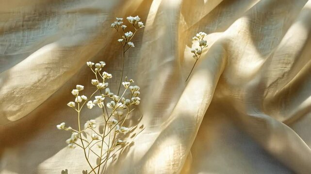 Aesthetic boho wedding textile background, draped neutral beige linen fabric texture with an absrtact floral sunlight shadows Video