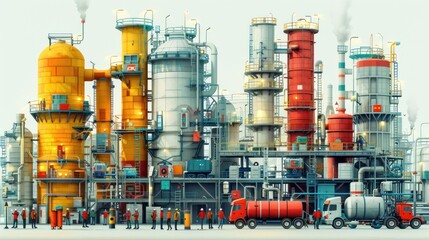 A large industrial complex with multiple smokestacks, tanks, and pipes. Workers are standing in front of the complex.