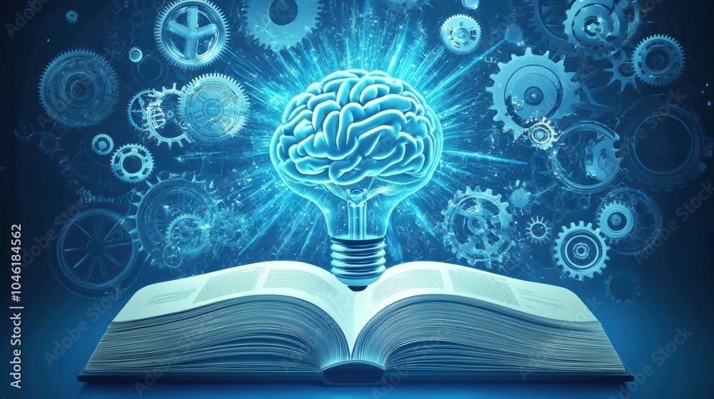 Poster a glowing brain hovers above an open book, surrounded by gears, symbolizing the fusion of knowledge 