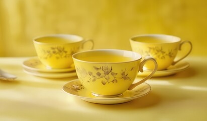 Fototapeta premium three cups and saucers on a table with a spoon