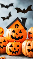 Halloween Jack-o'-Lanterns with Bats and House.