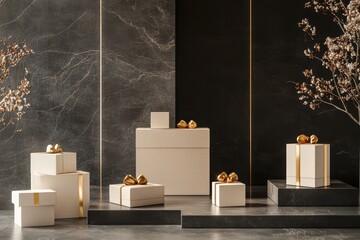 Elegant gift boxes in geometric shapes are placed thoughtfully against a dark background, enhanced by golden accents and natural elements. Generative AI