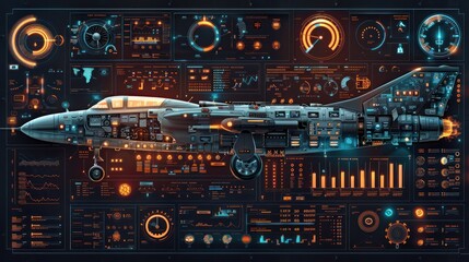 Fototapeta premium A detailed cutaway illustration of a jet fighter plane with various data and display elements overlaid on the plane.