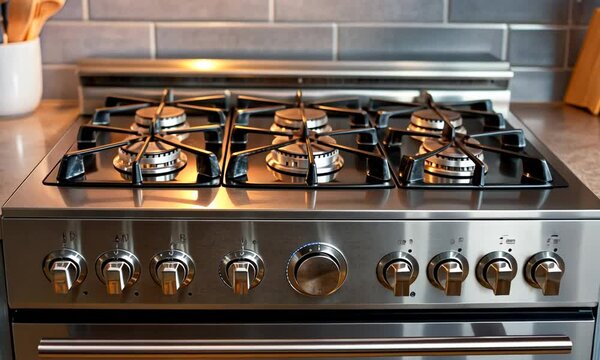 A modern stainless steel gas stove with multiple burners and knobs in a kitchen setting.