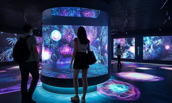 A person stands in a vibrant, immersive digital art installation with colorful visuals.