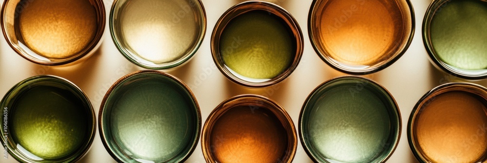 Poster an artistic display of circular tea cups in warm brown and green tones, ideal for inviting moments o
