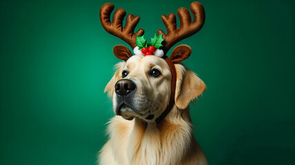 New year and Christmas concept with Dog wearing reindeer antlers headband against solid green background