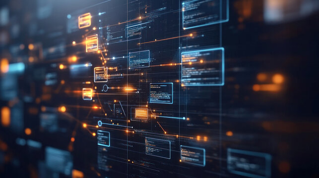 A computer screen with a lot of orange and blue lines and squares. The lines and squares are connected to each other in a complex web. Concept of technology and complexity, with the orange
