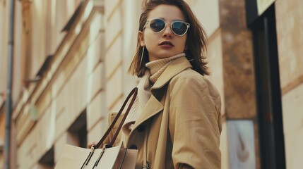 Obraz premium Fashionable Young Lady Holding Shopping Bag - a stylish and elegant visual. The fashionable young lady with a shopping bag in hand exudes charm and sophistication.