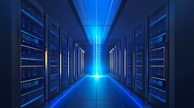 青い光に包まれるデーターセンターのサーバーイメージ