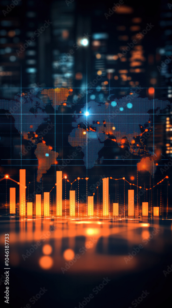 Poster a computer generated image of a world map with orange and blue lines. the map is surrounded by a dar