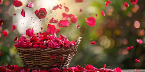 a basket full of rose petals, Elegant Display of Rose Petals in a Charming Basket, 