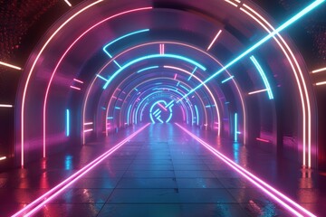 Fototapeta premium An abstract tunnel illuminated by neon lights, creating a sense of hyper speed flight and vibrant colors.