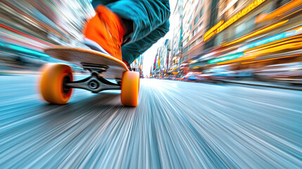 Skateboarder in motion on busy street, showcasing speed and excitement.