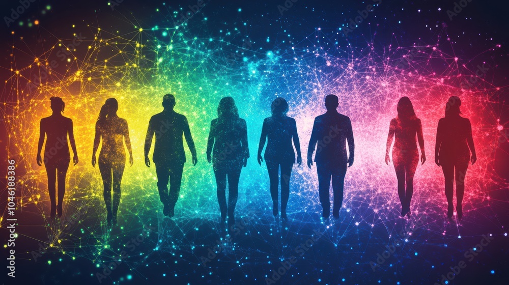 Poster silhouettes of various individuals stride confidently towards a colorful, digital backdrop, symboliz
