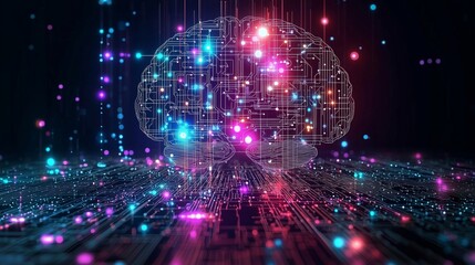 Obraz premium Neon Brain with Circuitry Representing Artificial Intelligence and Technology