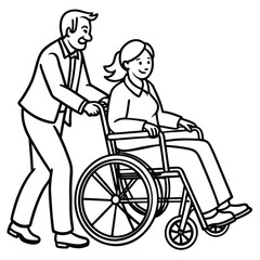 A continuous line drawing depicts a young woman joyfully pushing a wheelchair for an elderly man, symbolizing compassion and support for those in need.