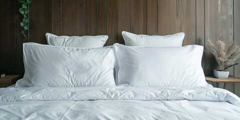 a bed with white pillows, Stylish Bed Arrangement Highlighting White Pillows, 