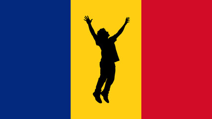 Silhouette of a Man Leaping on a Romanian Flag Background