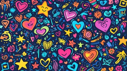 The artwork showcases a lively mix of bright symbols such as stars, hearts, and arrows against a dark background, creating an energetic vibe. Generative AI