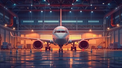 A white passenger airplane is parked in a hangar with bright lights shining on it.