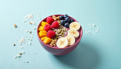 A bright and colorful smoothie bowl – topped with fruits, nuts, and seeds, isolated on a solid pastel blue background, allowing for ample copyspace to convey a healthy lifestyle theme.