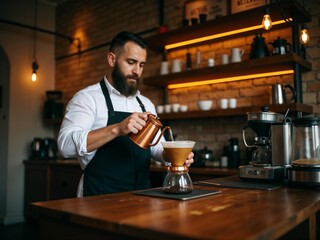 Barista Preparing Handcrafted Coffee in a Cozy Coffee Shop Environment