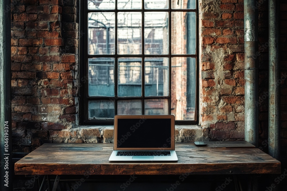 Aufkleber a laptop sits on a wooden desk in front of a large window, illuminating the rustic interior with nat