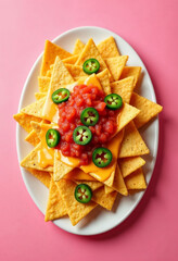 A generous serving of nachos &ndash; topped with cheese, jalape&ntilde;os, and salsa, isolated on a solid bright pink background, providing a fun and vibrant presentation with room for text.