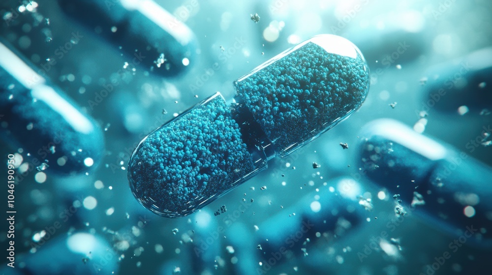 Poster a blue capsule filled with granules floats amidst tiny particles in a laboratory, symbolizing advanc