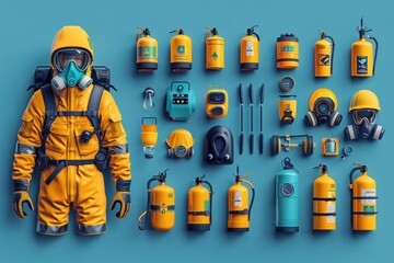 Fototapeta premium A yellow hazmat suit and various safety equipment arranged on a blue background.