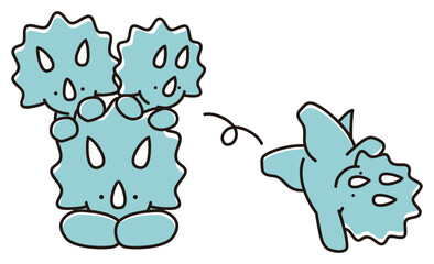 トリケラトプスの親の背に乗る子ども　落ちる子ども　恐竜の親子のイラスト