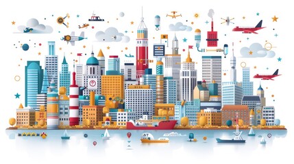 Colorful cityscape with buildings, ships, and planes.