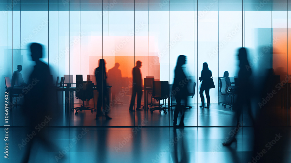 Wall mural abstract blur image of business people walking at modern hallway with bokeh for background usage