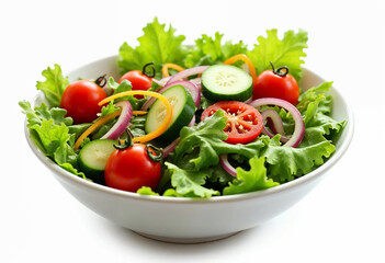 A vibrant bowl of fresh salad – featuring mixed greens, cherry tomatoes, cucumbers, and colorful bell peppers, isolated on a solid white background with ample copyspace 