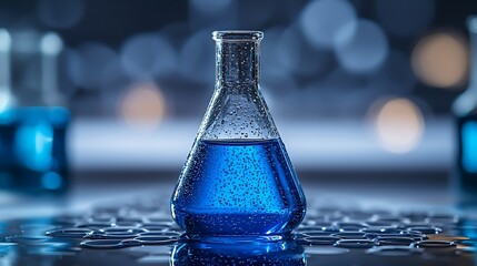 Blue Liquid in Erlenmeyer Flask: A mesmerizing close-up of a blue liquid in an Erlenmeyer flask, set against a blurred laboratory backdrop.