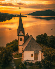 Church of Maria Worth at Woerthersee Lake in Carinthia Austria at Sunrise