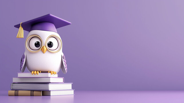 3d owl character wearing graduation cap on top of pile of books, free space on the right, purple background