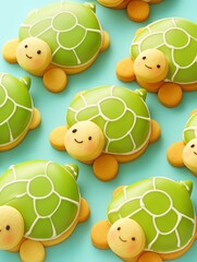 Cute Green Turtle Cookies on Blue Background