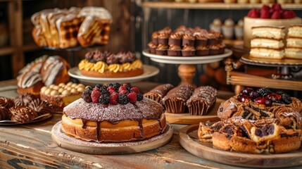 Home Bakery with Delicious Treats: Show mouthwatering pastries and cakes displayed on a rustic table.