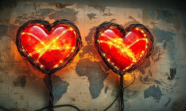 Two illuminated hearts on a vintage world map, symbolizing love and connection.