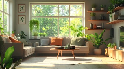 Fototapeta premium A cozy living room filled with sunlight, featuring a comfortable sofa, wooden shelves, and lush greenery, creating a serene and inviting atmosphere.