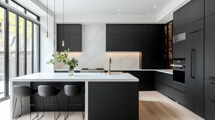 A modern kitchen featuring sleek black cabinetry, a white island, natural light from large windows, and minimalist decor, creating a stylish and functional space.