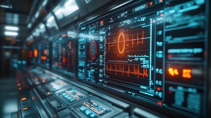 Obraz premium Futuristic control panel with glowing screens and data displays.