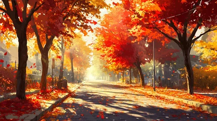 Foto op Canvas A serene autumn scene featuring a tree-lined pathway adorned with vibrant red and orange leaves, illuminated by soft sunlight filtering through the branches. © Ubix
