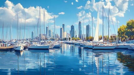 A vibrant marina scene featuring numerous sailboats, reflective water, and modern skyscrapers under a bright blue sky with fluffy clouds.
