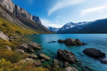 mountains and a body of water with rocks in the foreground