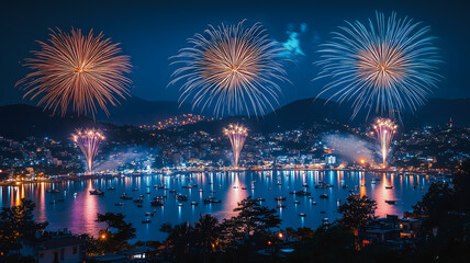 A city is lit up with fireworks and the water is reflecting the lights. Scene is festive and celebratory