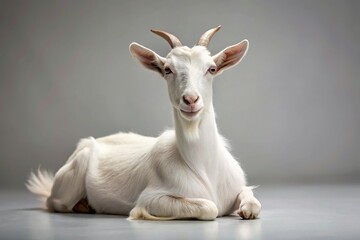White goat lying down against plain background